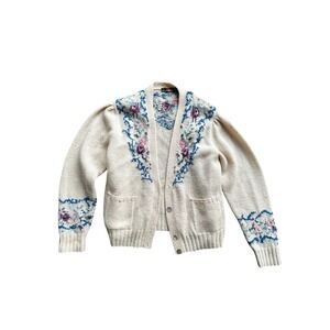 Vintage Outback Red Wool Floral Cardigan Sweater Cream Purple M Cottagecore
